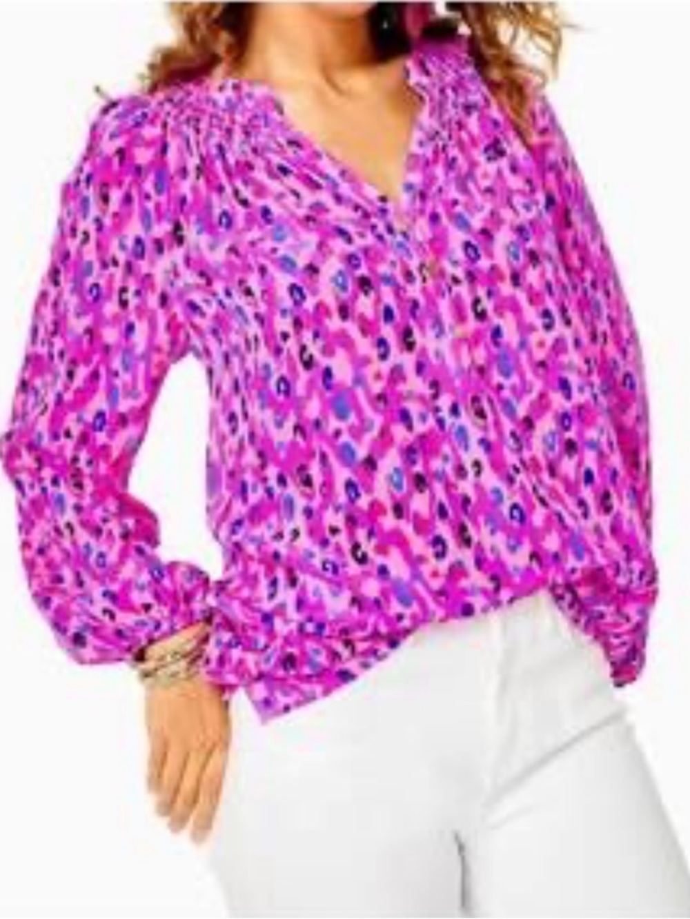 Lilly Pulitzer Elsa M  Silk Top Pink Blue Wild Fuchsia Spotted In Love.